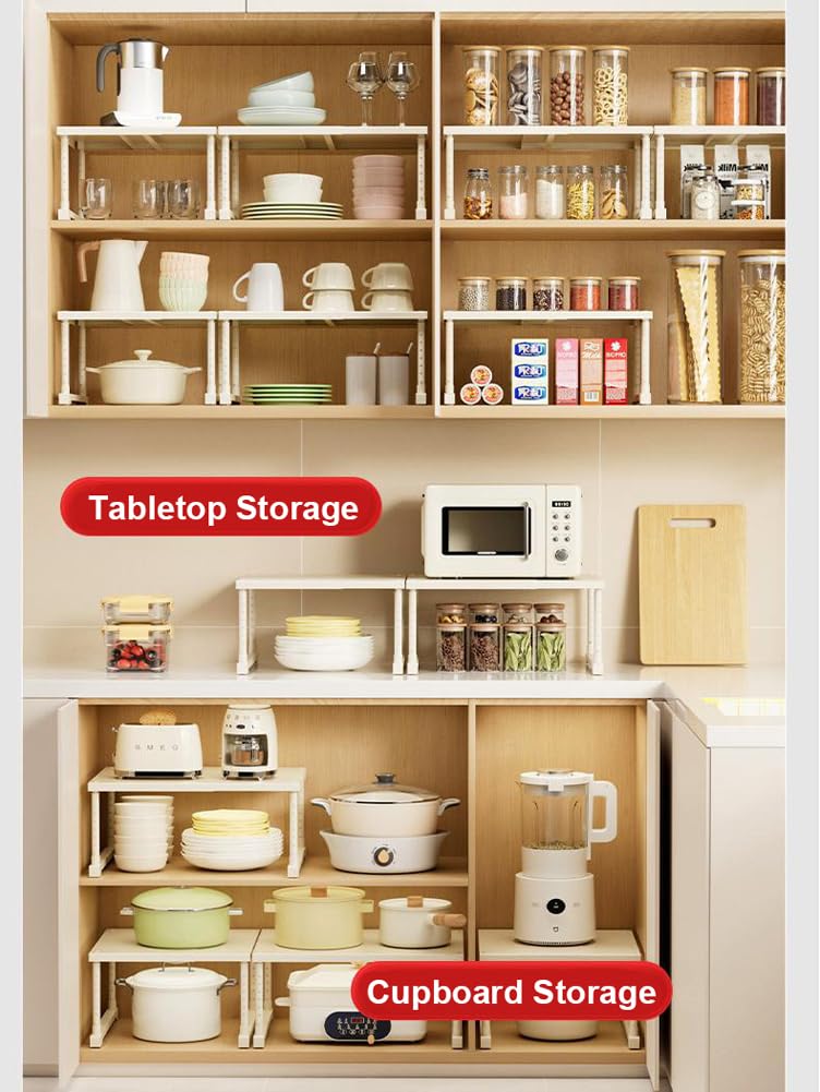 Scaffale espandibile per armadio da cucina, regolabile, resistente, impilabile, per armadietti e banconi della cucina, larghezza 24 cm, lunghezza 40-65 cm, altezza 25-35 cm