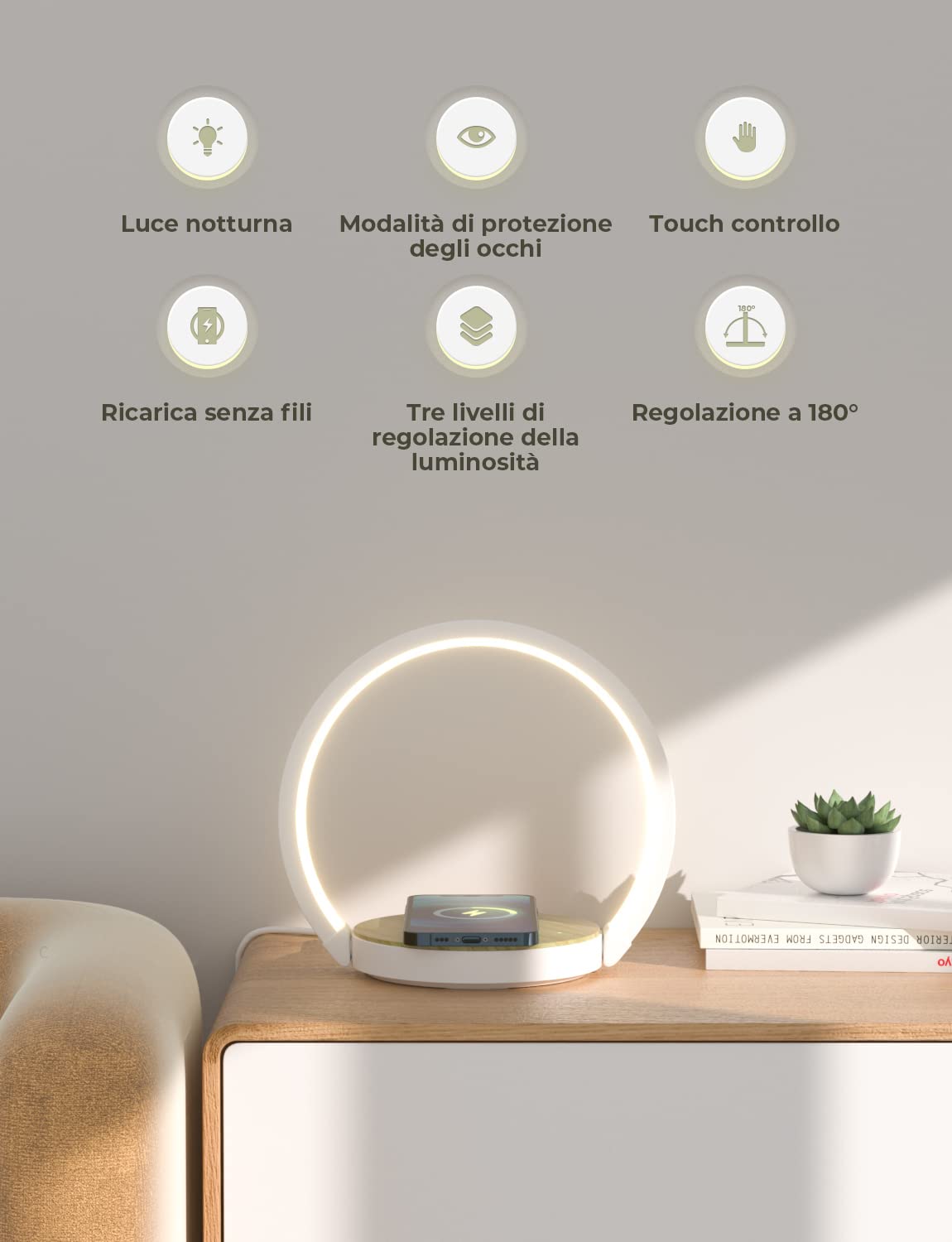 Lampada da Comodino a 3 intensità con Caricabatterie Wireless Controllo Touch Lampada da Tavolo Lampada da Scrivania | Design Moderno, Per Camera Da Letto, Scrivania, Soggiorno, Luce Notturna a LED