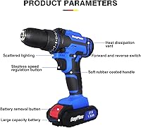 Vista 2 de Taladro inalámbrico de 21 V, ajuste de par de 25+1, luz LED, 2 velocidades variables, con batería de 1500 mAh y cargador, herramienta de bricolaje