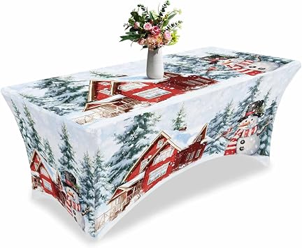 4ft Stretch Spandex Tablecloth,Xmas Snowman Pine Tree Farmhouse Fitted Table Cover for Rectangular Tables,Winter Snowflakes Blue Ombre Wrinkle Free Table Cloths for Wedding,Party,Banquet