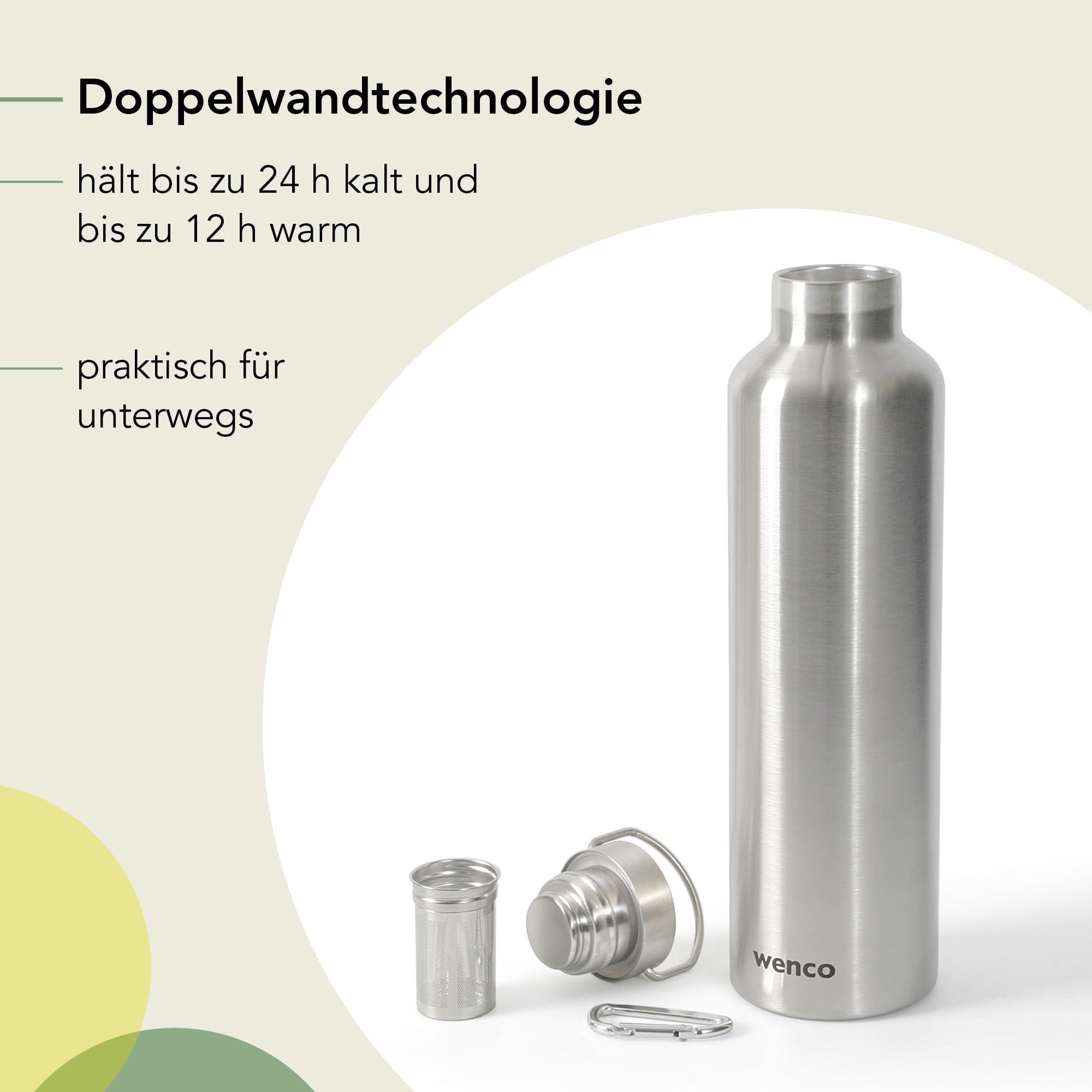 wenco Butelka do picia ze stali nierdzewnej, 1 l/1000 ml, izolowana i zabezpieczona przed wyciekiem, do zimnych i gorących napojów, może być również używana jako termos – z sitkiem do herbaty – nadaje