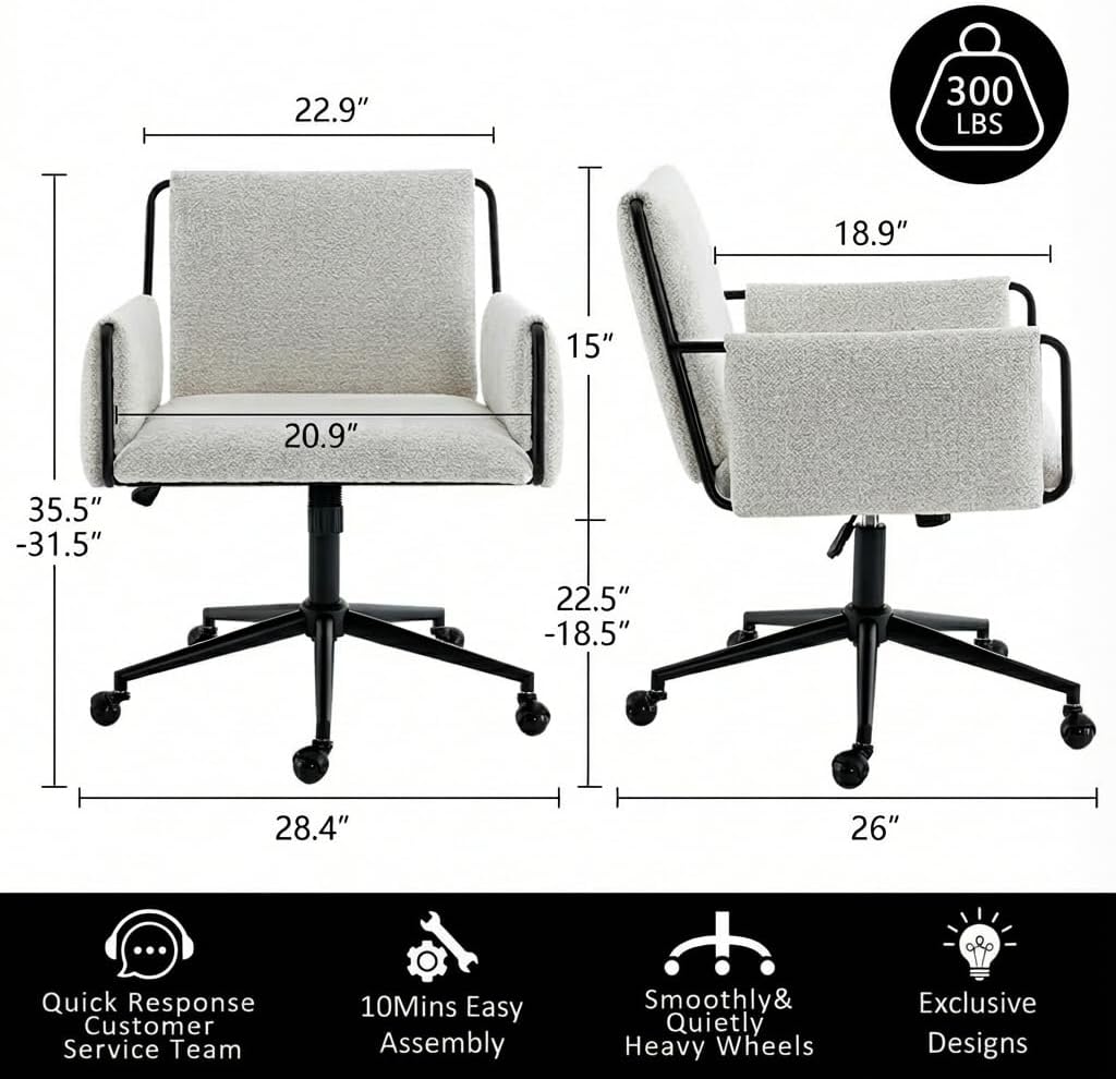 YOUNIKE Wide Seat Home Office Chair with Arms Modern Desk Chair with Wheels Fabric Vanity Chairs with Comfy Back Cross Legs Adjustable Swivel Rolling Computer Task Chair for Study Bedroom Makeup Beige