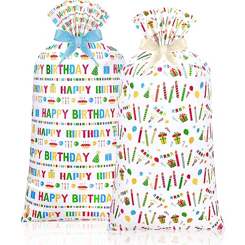 Teling 2 Pcs 70x 40 Large Birthday Plastic Gift Bags Jumbo Wrapping Bags with 2 Rolls Ribbons for Birthday Party New Parents Shower Bicycle Bike Holiday