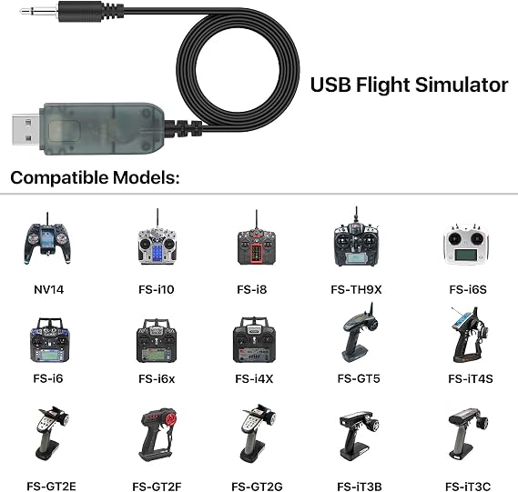 Flysky SM100 USB RC Airplane Drone Flight Simulator Adapter Cable 2.4G for FS-i6 FS-i10 FS-i6 FS-i4 FS-T6 FS-CT68 FS-T4B FS-GT3 TH9X GT2 Remote Controller Transmitter to Computer Simulator Software
