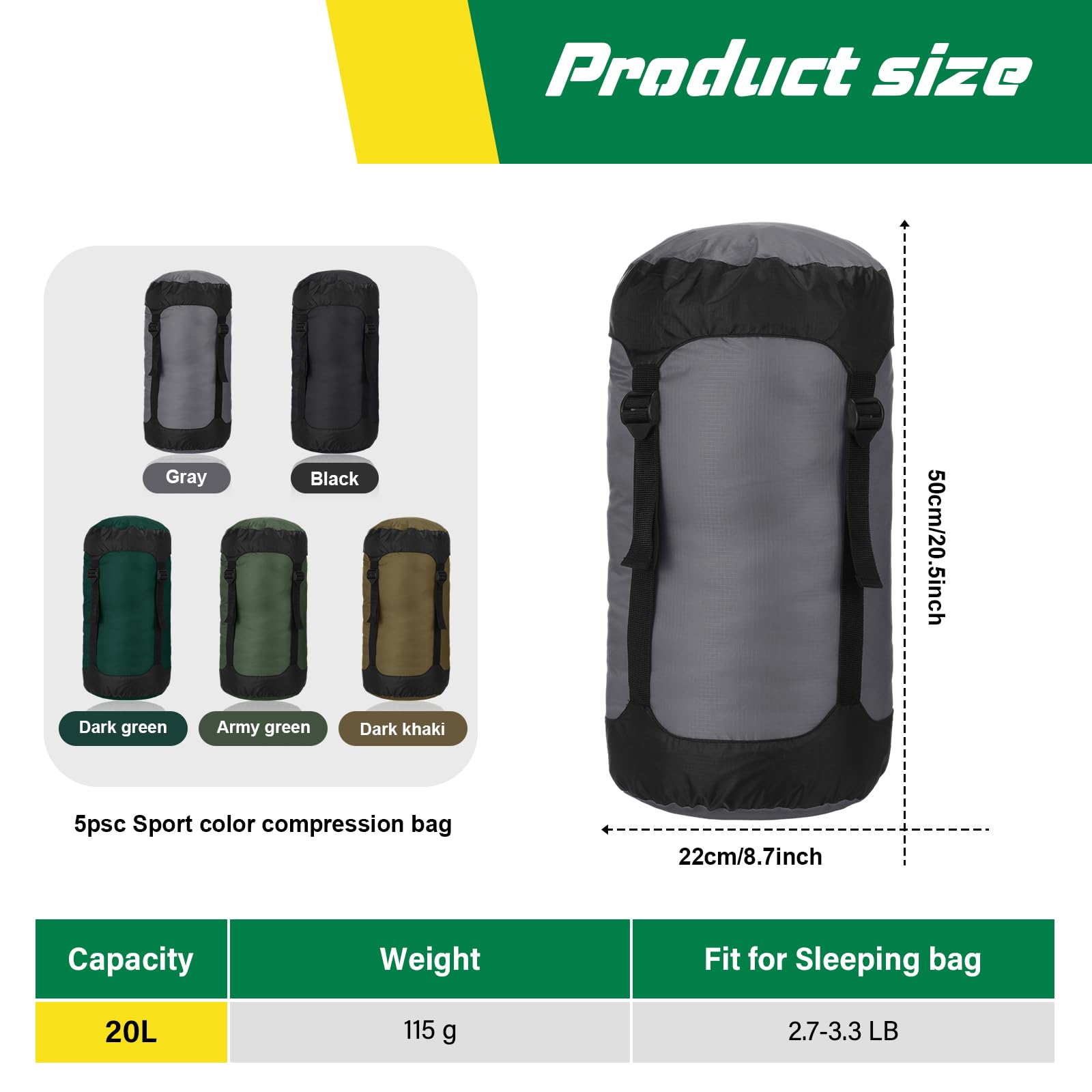 5 Piezas Bolsas de Compresión para Mochileros 20L Sacos de Compresión para Saco de Dormir Bolsa de Almacenamiento Impermeable para Camping Senderismo Viajes Exteriores