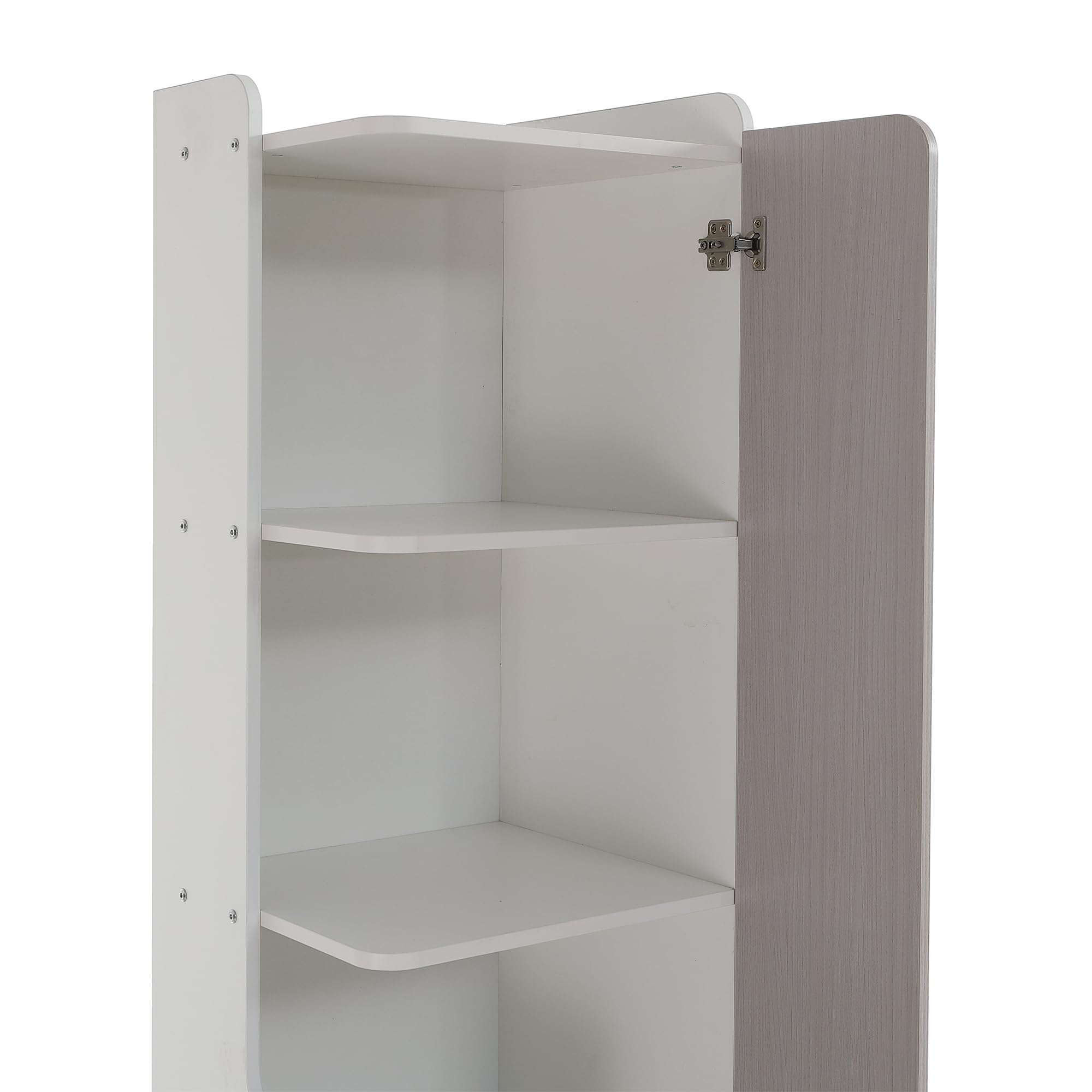 Idemon Libreria alta per adolescenti con porta a forma di L, con cassetto, porte con cerniere, con bottoni quadrati in metallo, MDF, bianco + olmo chiaro + grigio