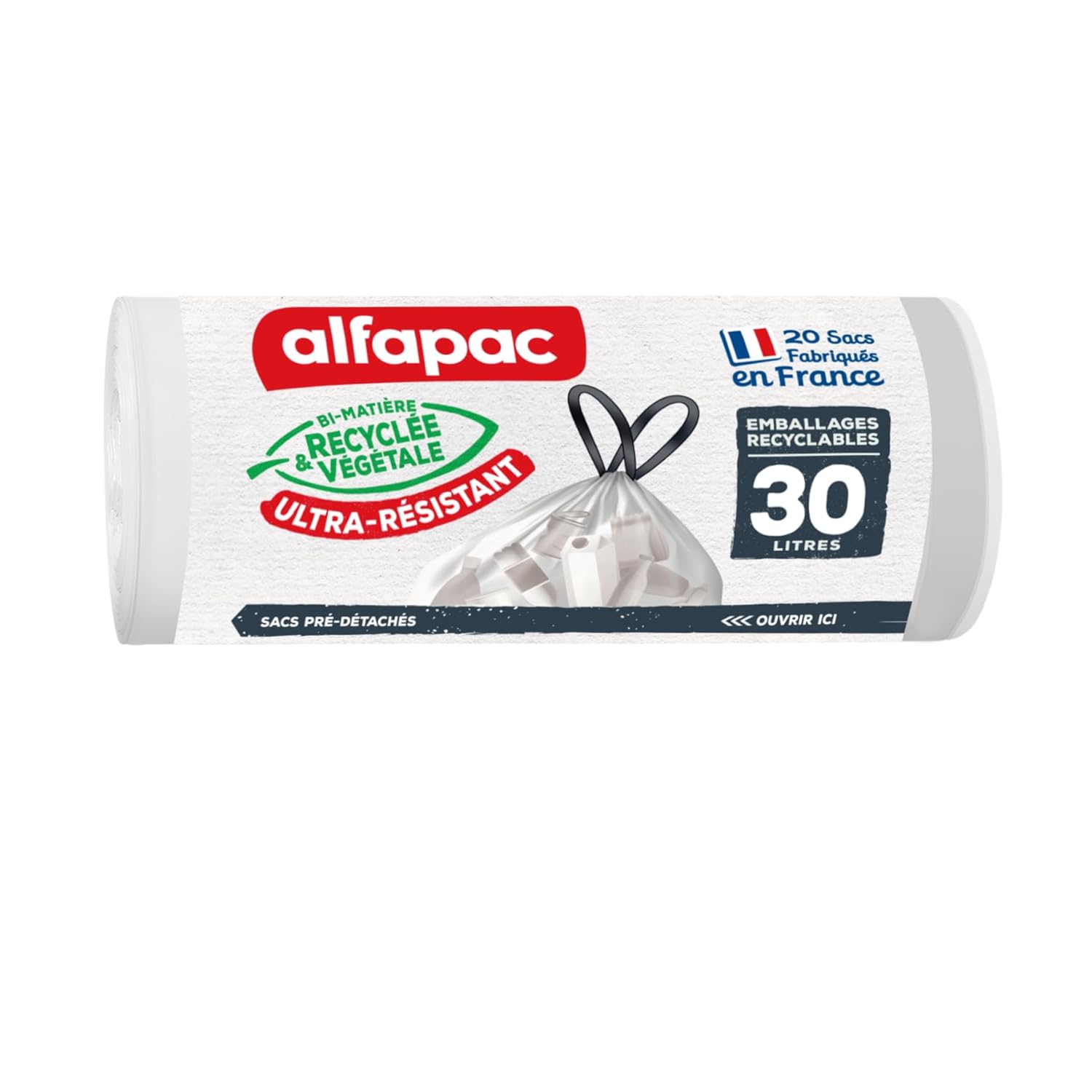 alfapac - 20 x 30 litre bin liners, with sliding closure, sorting of recyclable packaging, transparent, made in France, bi-material recycled & vegetable