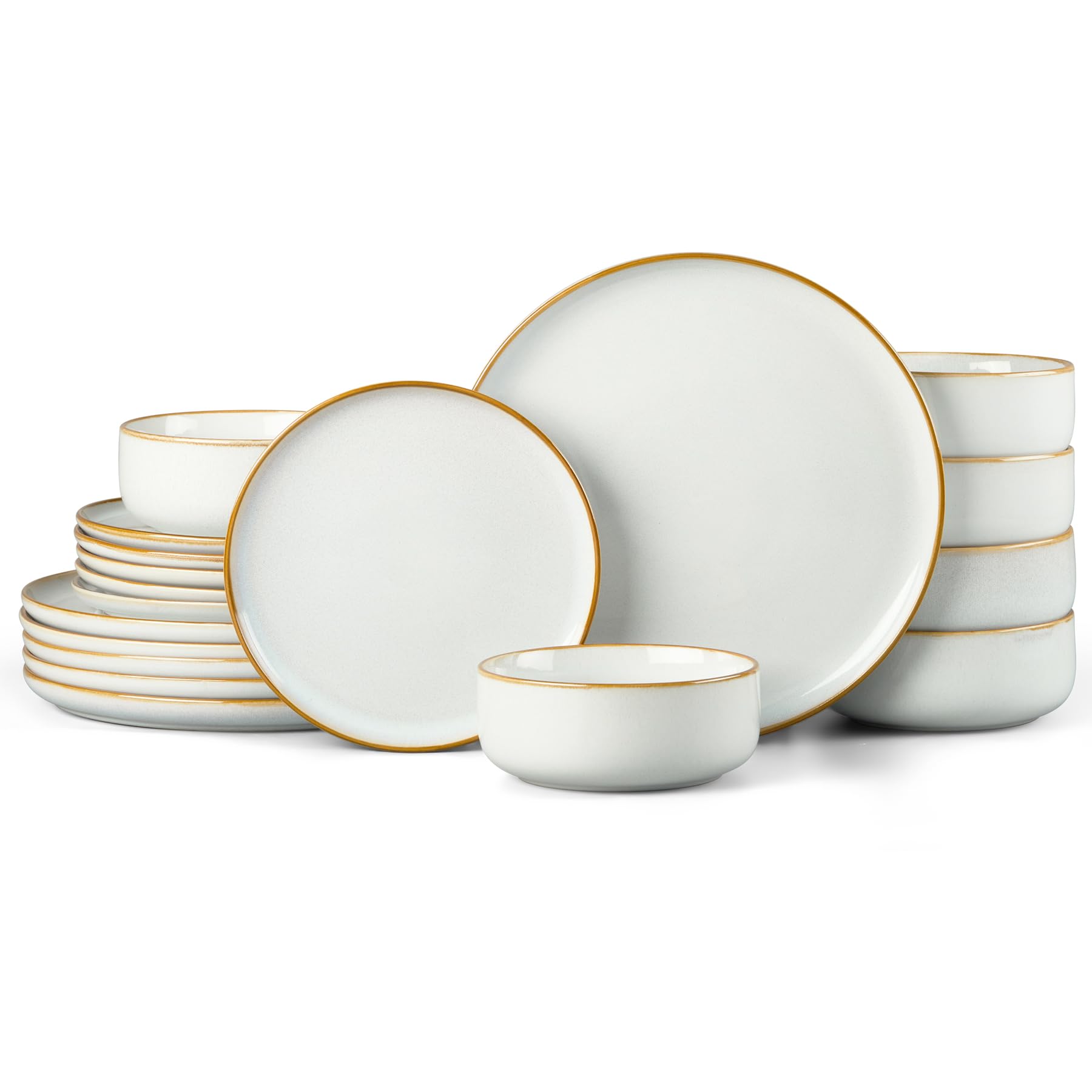 HaWare Service de table 18 pièces en grès pour 6 personnes, vaisselle en émail réactif avec assiettes et bols, résistant aux éclats et aux rayures, passe au micro-ondes et au lave-vaisselle, blanc