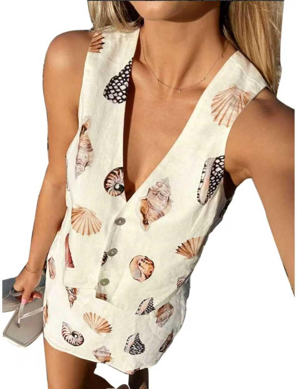 2PCS Women's Sleeveless Shell Print Vest Dress Button-Front Mini Casual Beach Dress White