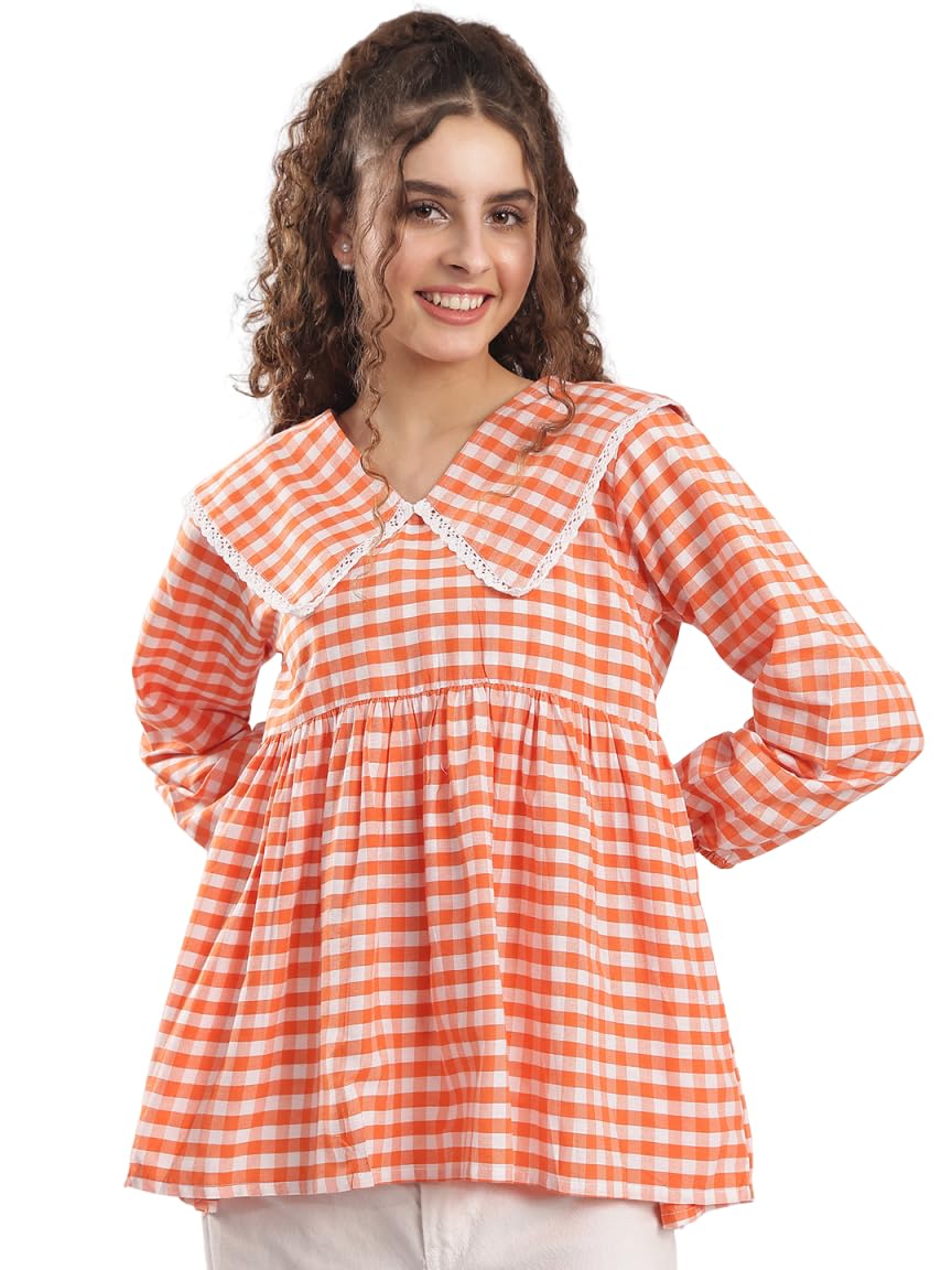 neudis Women’s Gingham Check Top | Lace Collar Detail Peplum Top-picture-35