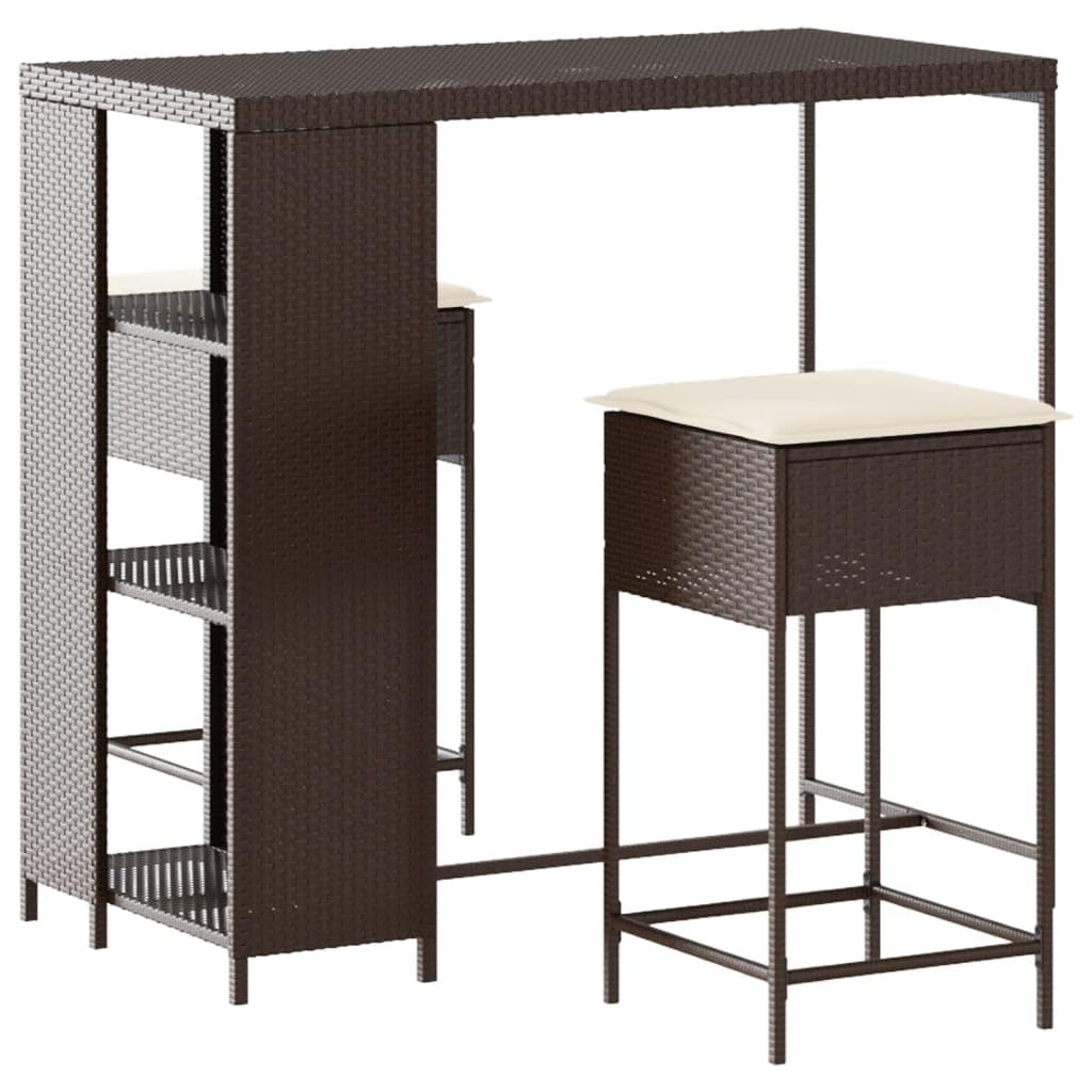 vidaXL Juego de Bar de jardín de 3 Piezas con Cojines ratán PE marrón, Mesa Alta y taburetes de Exterior, Juego de Bar, Juego de Muebles