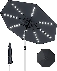 Patio Umbrella with Lights, 8 Ribs Outdoor Market Table Umbrella for Pool, Deck, Backyard (Gray, 10FT)