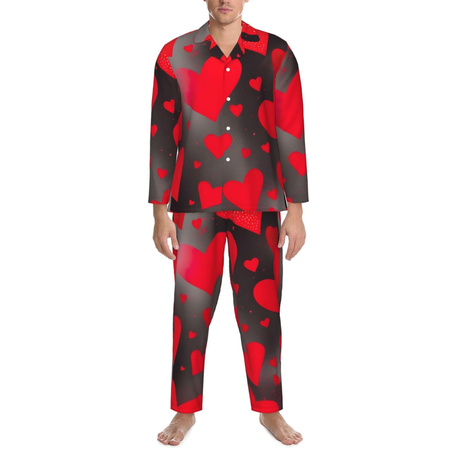 Herren-Pyjama-Set mit roten Herzen, Feuerwerk-Druck, langärmelig, zweiteilig, Hauskleidung, bequeme Nachtwäsche