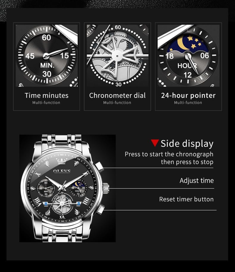 Miniatura 4 de OLEVS Watches for Men Dress Watch Chronograph Luxury Stainless Steel Big Face Men Watches Multi-Function Easy to Read Diamond Roman Numerals