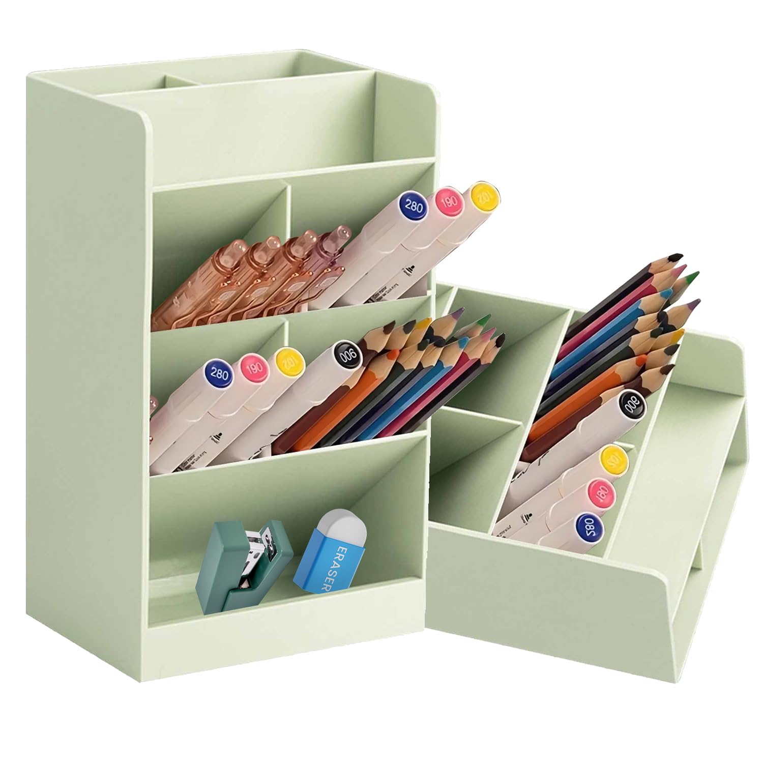 Tissting Desk Organizer, Vertical Pen Organizer, Plastic Desk Organizer Pen Holder Stationery, Multifunctional Marker Pencil Storage Caddy Tray for Office, School, Home (Green)