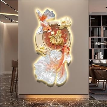 Plug-in Power Supply Wall Clock, LED Wall Art Decor with Fish, Creative Artwork for Walls, 3D Vision Wall Sculpture for Bedroom, Living Room