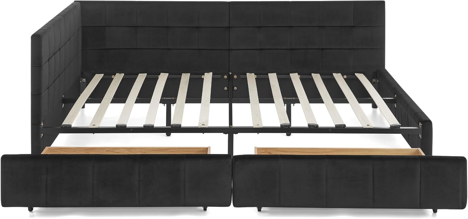 TTK Luxury Full Size Wooden Daybed Velvet L-Shaped Upholstered Corner Bed with 2 Storage Drawers & Modern Stripes - Multi-Functional Sofa Bed Frame for Apartments Living Room
