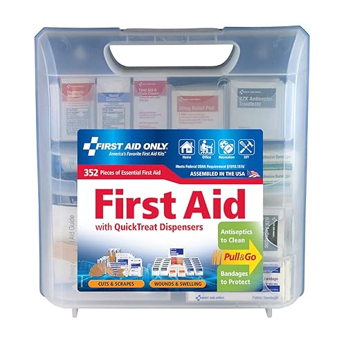 First Aid Only 91268 QuickTreat - Kit de primeros auxilios de emergencia para el hogar, el trabajo y los viajes, 352 piezas