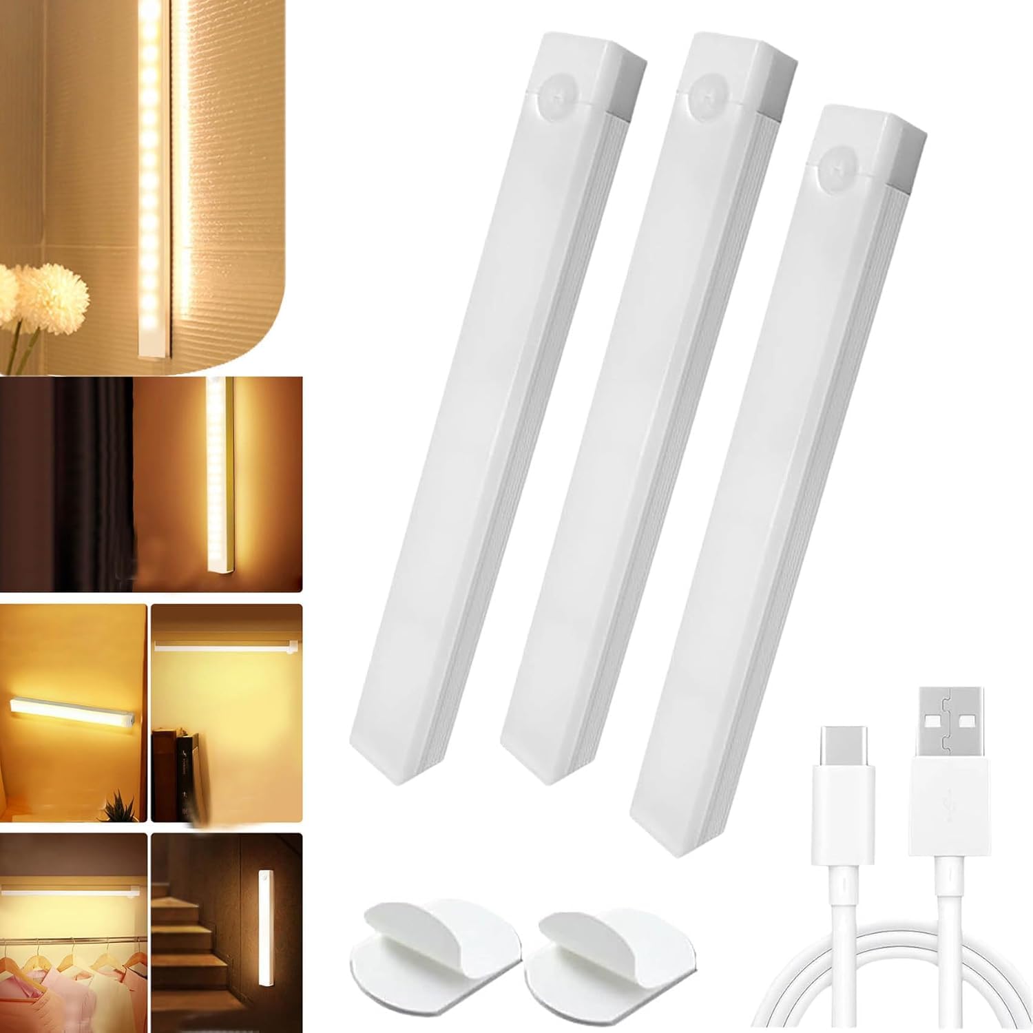 Zhkvag Warm Punch-Free Smart Sensor Magnetic Rechargeable Led Lights, 4 In Motion Sensor Light Indoor, Rechargeable Motion Activated Cabinet Lights, Cordless Under Cabinet Bedroom Stair Led Lighting (,3)