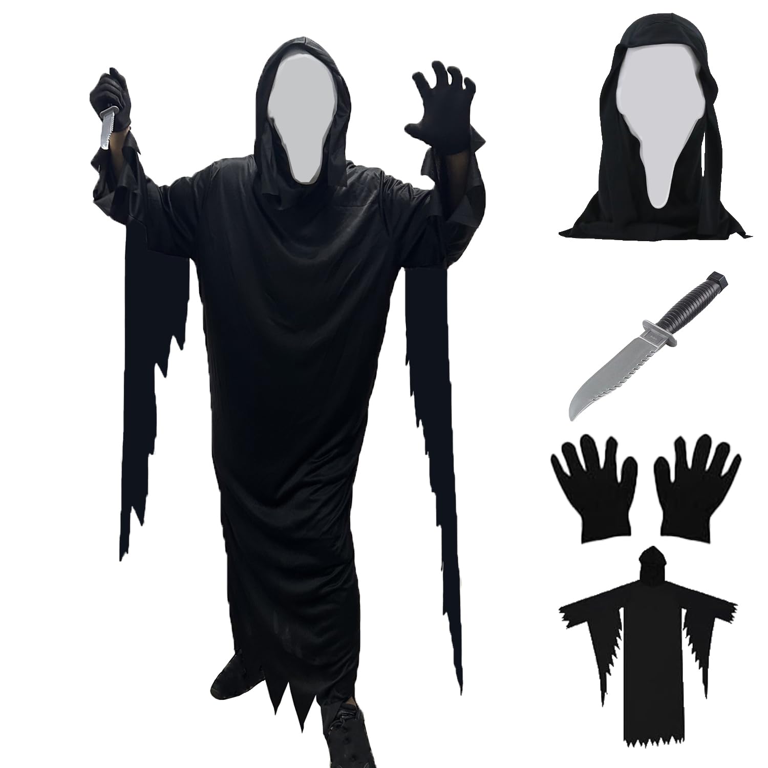 Aicerous Halloween Scream Costume, Ghost Face Costume, Serial Killer Costume, Mask Included and Plastic Dagger, Suitable for Halloween/Carnival/Masquerade/Horror Night (L)