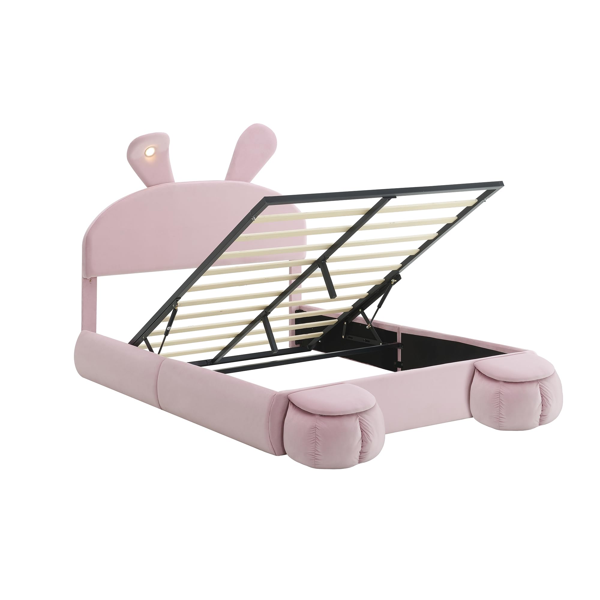 Camas Matrimoniales Cama Tapizada 140x200 cm con Forma de Conejo y LED, Camas Juveniles con 2 Taburetes y Cabecero Ajustable, Cama Niña, Estructura Metálica, Rosa, Terciopelo, Sin Colchón