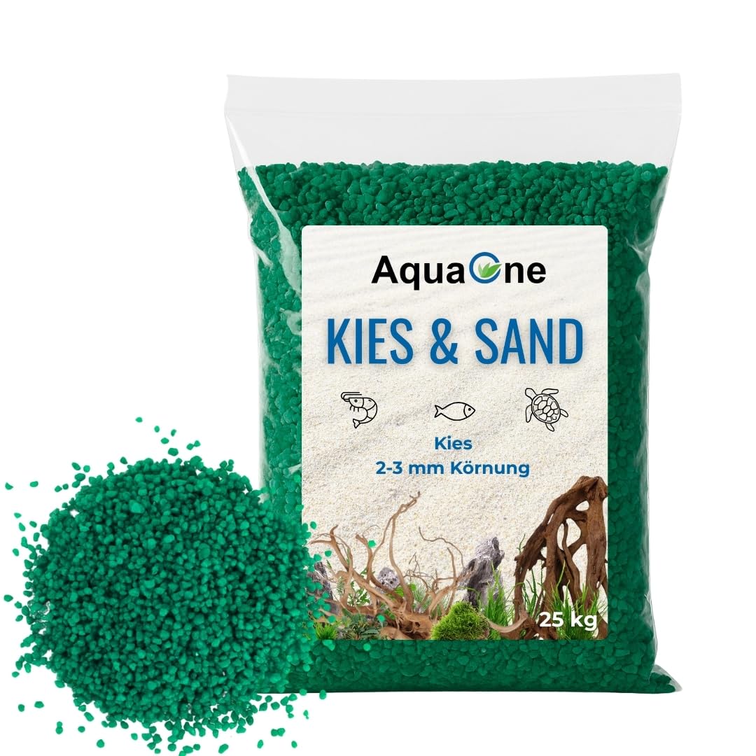 AquaOne Akwarium żwir, piasek, 25 kg, grunt do podłoża, jasny, czarny, kolorowy, drobny, średni, gruby, jakość premium, piasek kwarcowy, żwir akwariowy, dekoracja, ziarno aquascaping (zielony, 2-3 mm)