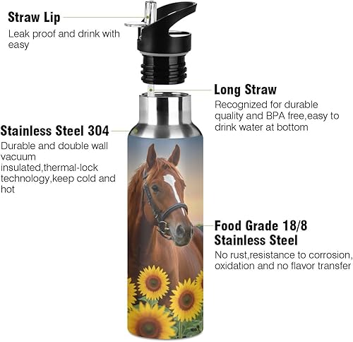 Miniatura 3 de ALAZA Botella de agua con diseño de girasoles de caballo con tapa de pajilla, aislada al vacío, botella de agua térmica de acero inoxidable, 32 onzas