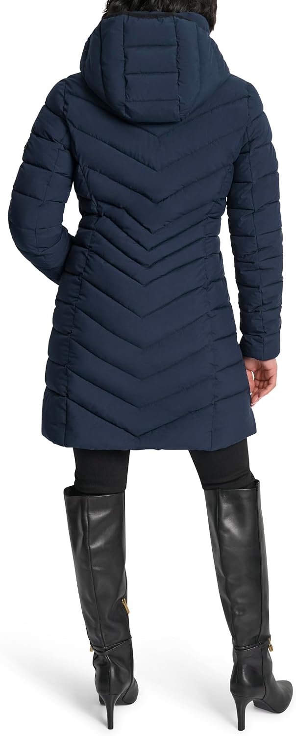 DKNY Women's Long Lightweight Hooded Puffer Jacket – Insulated Casual Outerwear