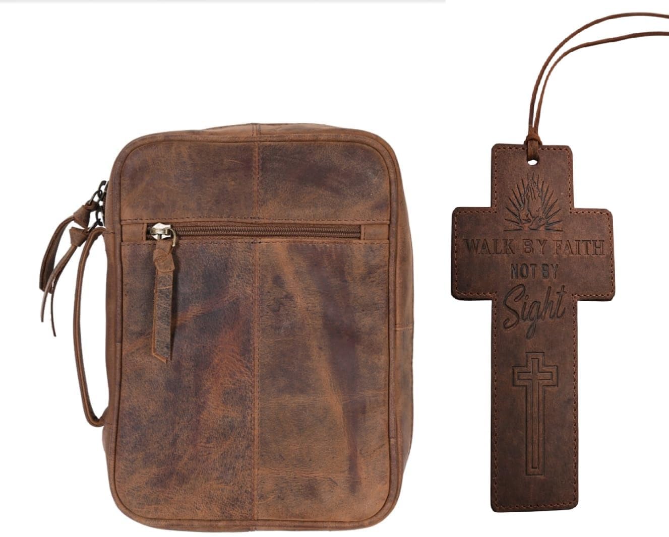 Genuine Leather Bible Case for Men & Women 11 x 8 inch, Bible Cover with Handle & Zip Clousre, Pen Holder, Multiple Storage Compartments Bible Carrying Bag (Brown)