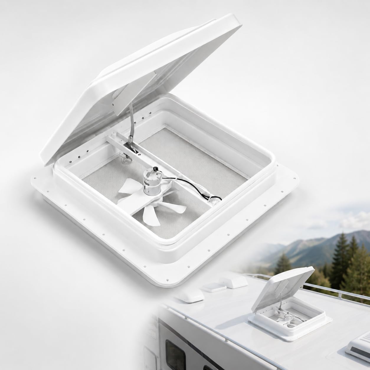 Lanterneau Camping Car 42 x 42 cm, Fenetre Camping Car Avec Moustiquaire et ventilateur intégré, Pour Ouvertures de 14 x 14 pouces, Caravane, camion, Camionnette (Blanc)
