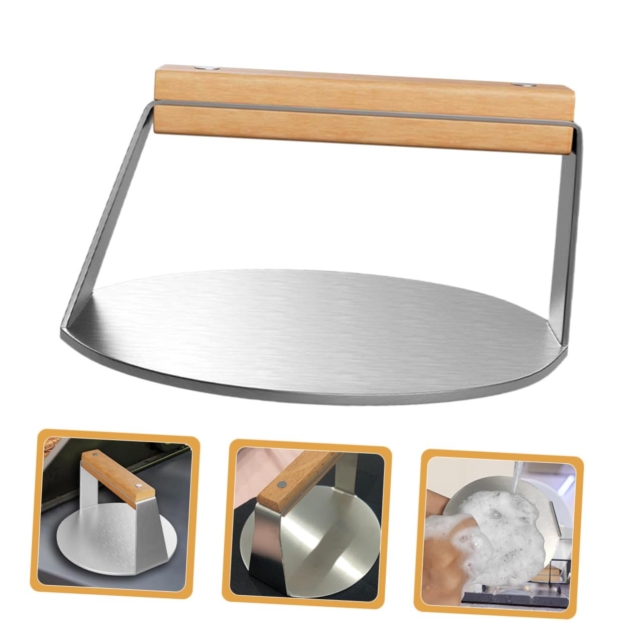 Gatuida Prensa Hamburguesas Acero Inoxidable con Mango Ergonómico de Madera para Cocina Aplastador Manual de Carne Redondo Fácil Limpieza y Uso Seguro