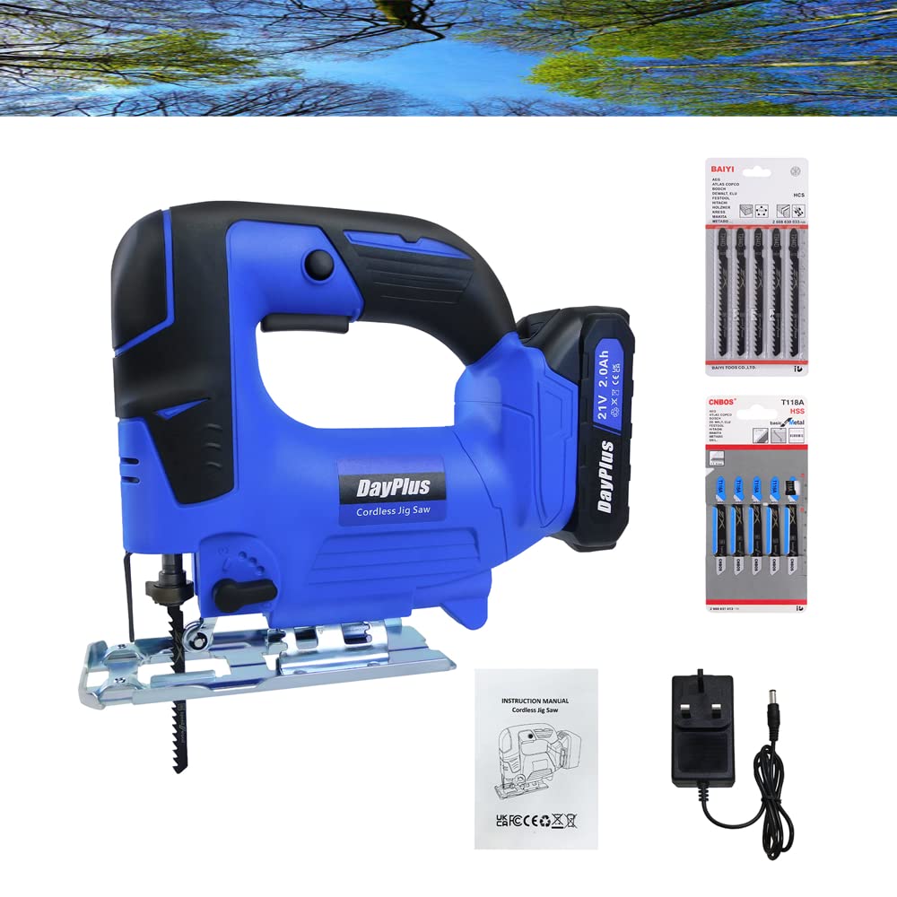 340W Powerful Cordless Jigsaw Tool Set, Cordless Jigsaw With 2.0AH Battery & Charger, Lightweight & Portable Jigsaw For Wood Metal Cutting, Angle Cut ± 45 °, 4 Orbital Position Settings, 10pcs Blades