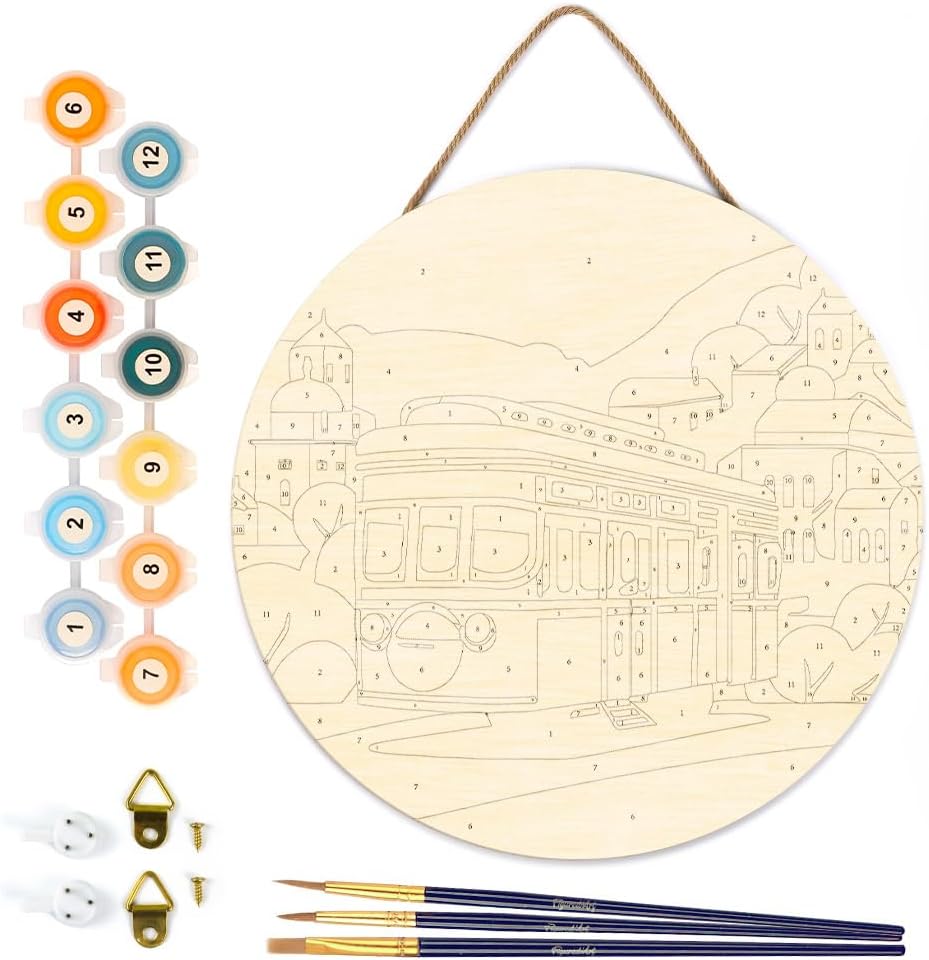 Figured'Art Paint by Numbers Kit for Adults on Wood Slice, 11.8in Diameter - Lisbon - Craft Art Painting DIY Canvas