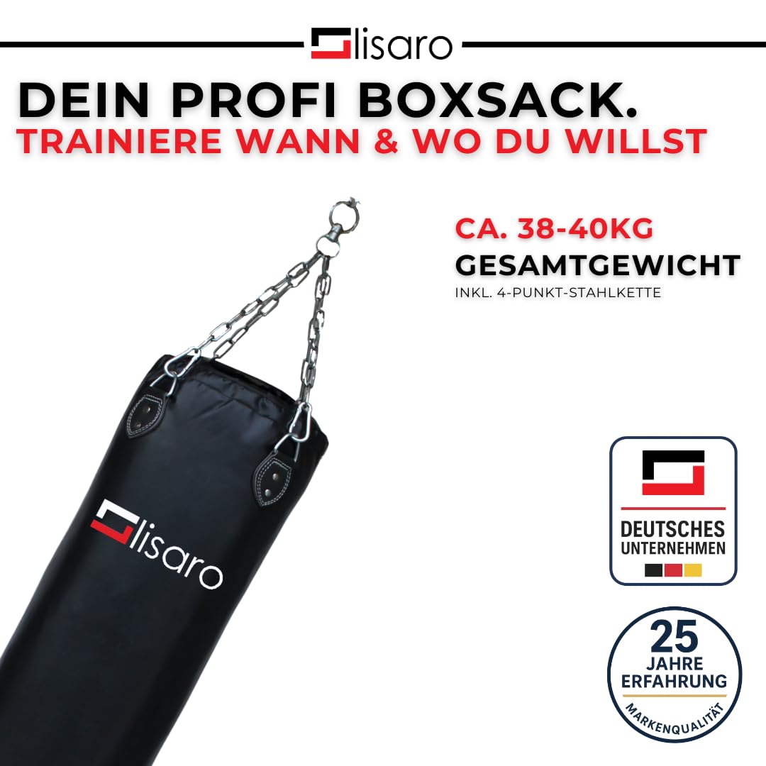 Lisaro Profi Boxsack 120/150 cm gefüllt/ungefüllt | Sandsack in Studioqualität für Boxen, Kickboxen & MMA | Kunstleder (Vinyl) | inkl. 4-Punkt Stahlkette | Schwarz