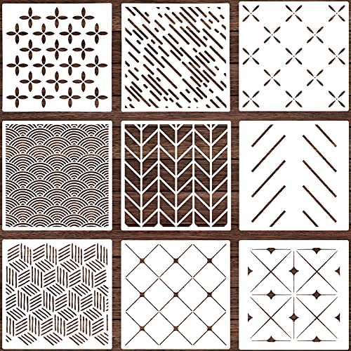9 Pieces 12 x 12 Inch Geometric Wall Stencils Herringbone Geometric Wall Templates Geometric Painting Stencils Reusable Art Modern Tile Stencil for Painting on Walls Floor Canvas Wood Furniture