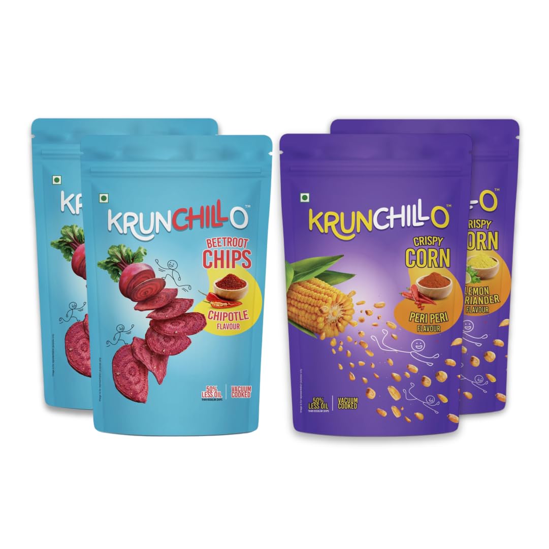 Krunchillo Beetroot Chips & Crispy Corn combo (pack of 4) - Chipotle, Mint, Lemon Coriander and Peri Peri Flavour | 50% Less oil | Vaccum Cooked | Healthy | No fat | No Preservative- 220 gm