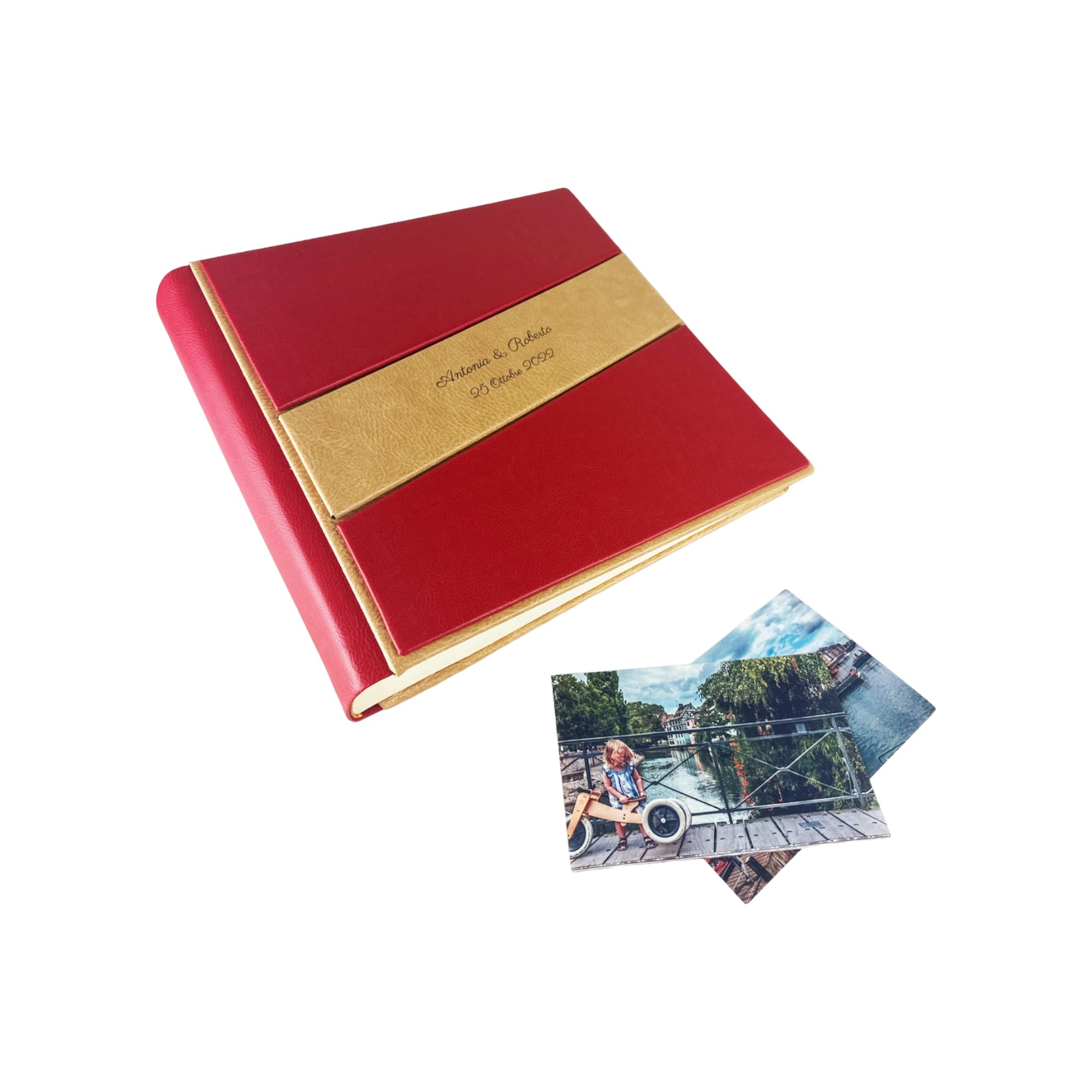 TriVin Art -Saturno- Álbum de fotos artesanal de piel sintética, varios tamaños y personalizable con grabado, ideal para cualquier evento. (rojo)