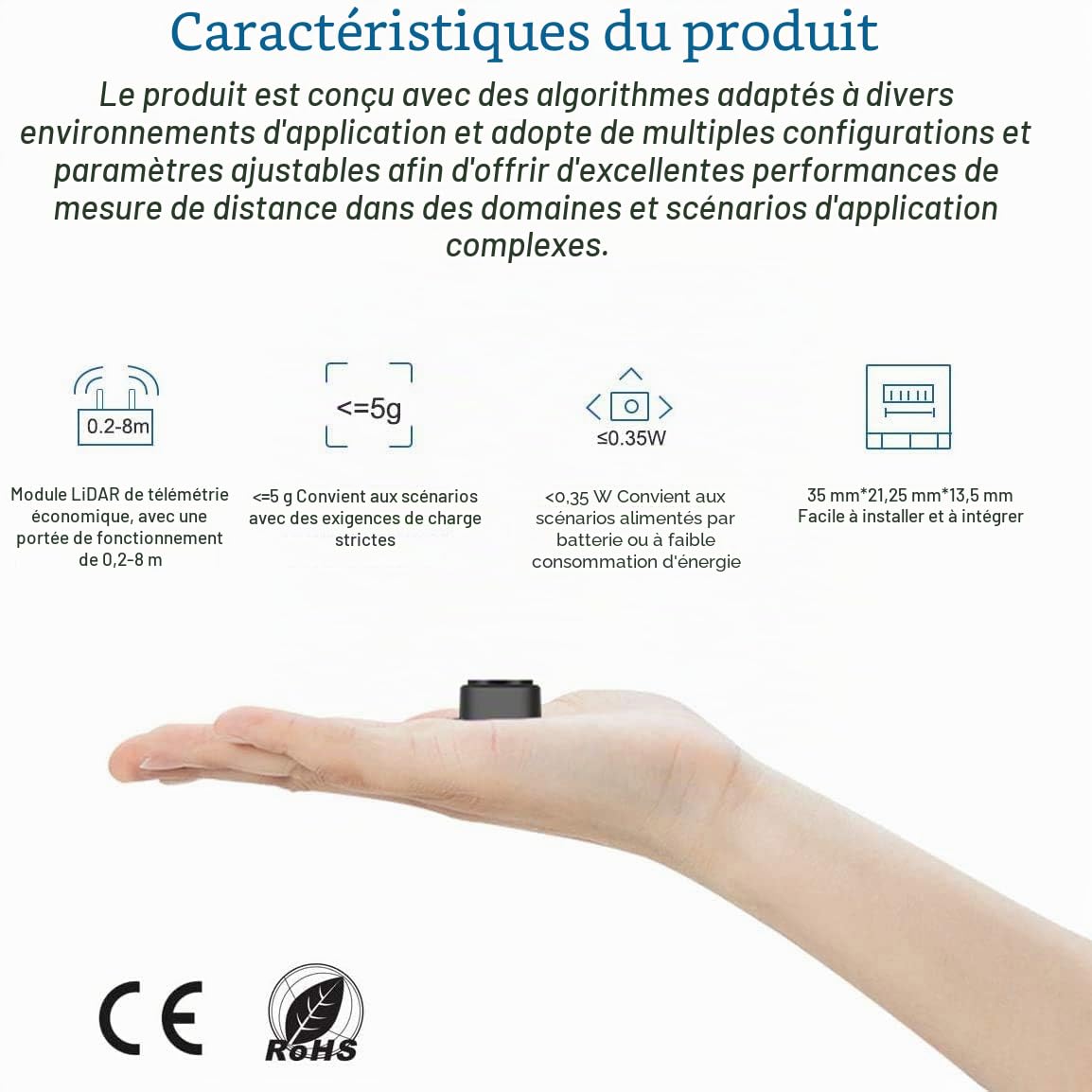 Benewake TF-Luna Module de capteur de portée Lidar à point unique compatible avec Pixhawk et Raspberry Pi avec UART / I2C