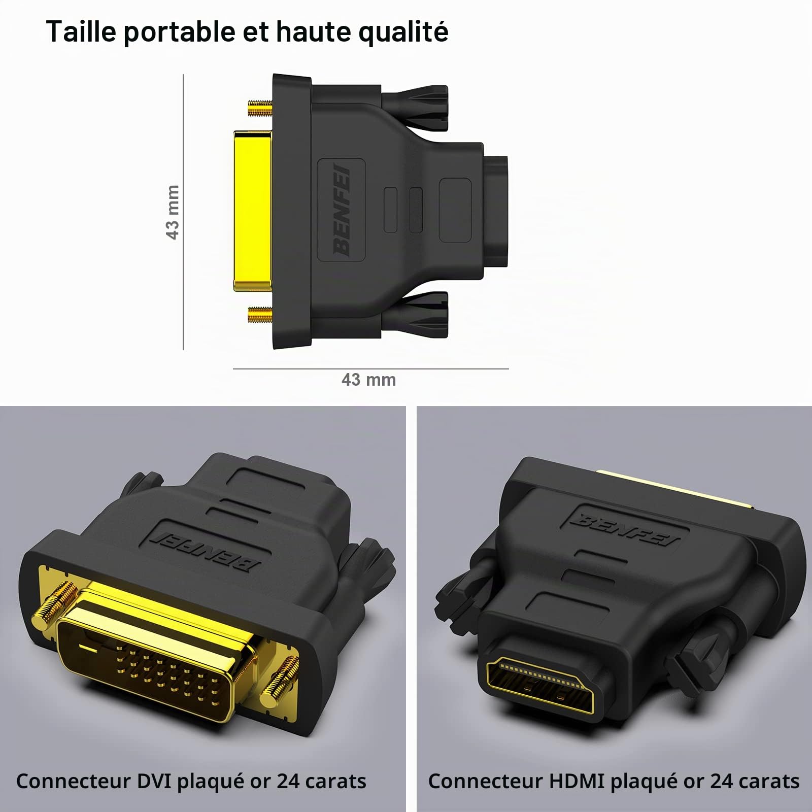 BENFEI Adaptateur DVI vers HDMI bidirectionnel DVI-D mâle vers femelle plaqué Or 2 Pack