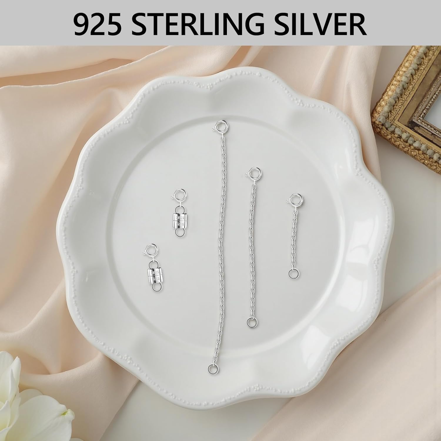 925 Sterling Silver Necklace Extender and Clasps - Jewelry Extender Kit with 3 Extender Chains & 2 Secure Clasps for Adjustable Necklaces & Bracelets, Sterling Silver Jewelry Accessories