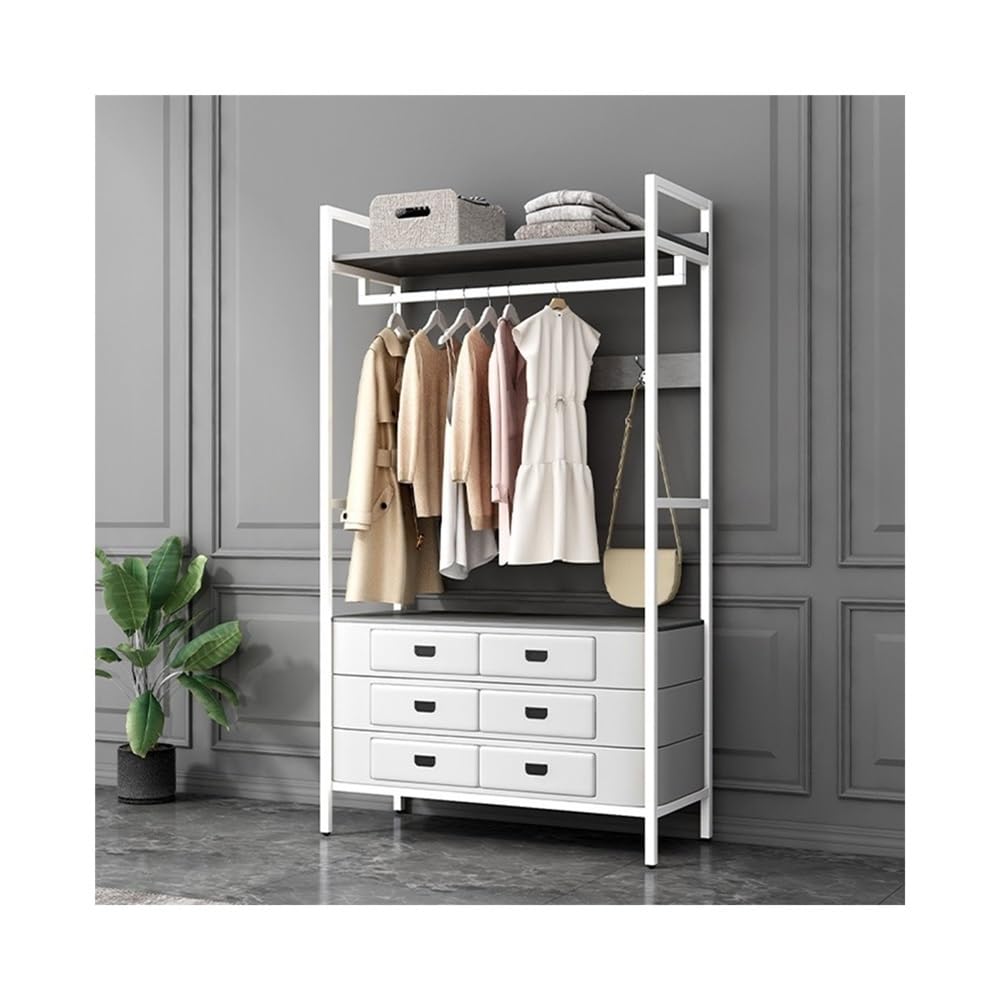 DFHS46JK Hat Rack Floor Coat Rack Hanger with Drawer Bedroom Storage Dressing Table Living Room Metal for Office(White+Gray)