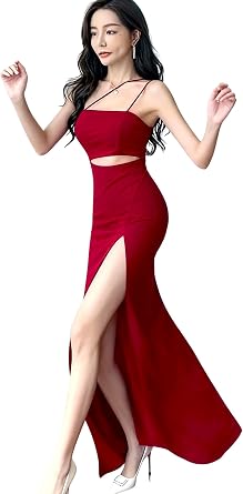 ISLAYCAOLILA E37 Womens Long Slit Stants Dress, Tummy Showing, Tight Maxi Evening Dress