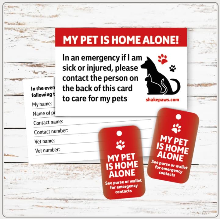My Pet is Home Alone Emergency Contact Cards with Key Fobs, Red, 2 Cards and 2 Key Fobs, Pet Safety Alert for Dog and Cat Owners