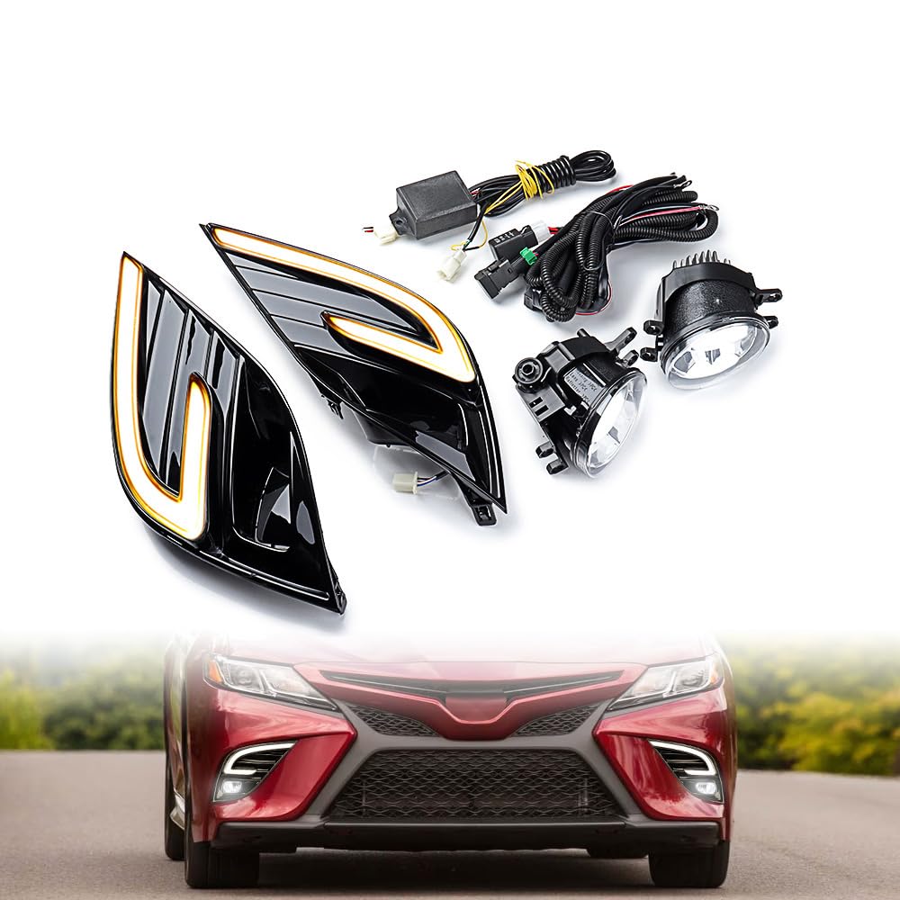 Anzios Left Right Front LED DRL Turn Signal Daytime Running Lights with Fog Lamps Replacement for 2018-2020 Toyota Camry SE XSE TRD TO1039209, TO1038209, TO1038211, TO1039211, 8148106170, 8148206170