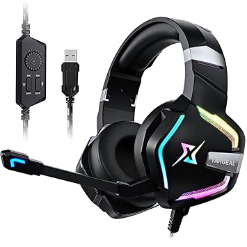Targeal 7.1 Surround Sound Gaming Headset for PS4 PS5 Switch PC Laptop Tablet Mobile, Over Ear Wired USB Gaming Headphones with Omni-Directional Noise Canceling Mic, RGB LED Light,with Type C Cable