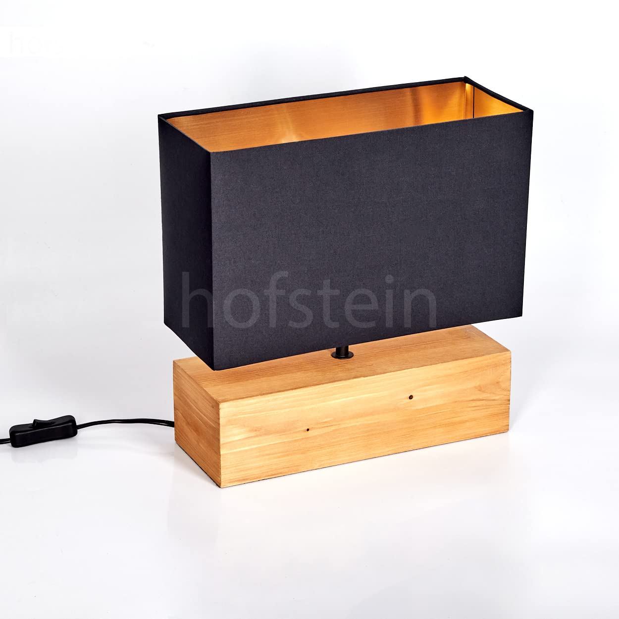 Tischleuchte Geneva, Nachttischlampe aus Holz/Stoff in Natur/Schwarz/Goldfarben, Tischlampe 1-flammig im skandinavischen Design, E27, Länge 30 cm, Leucht m. An-/Ausschalter am Kabel, ohne Leuchtmittel