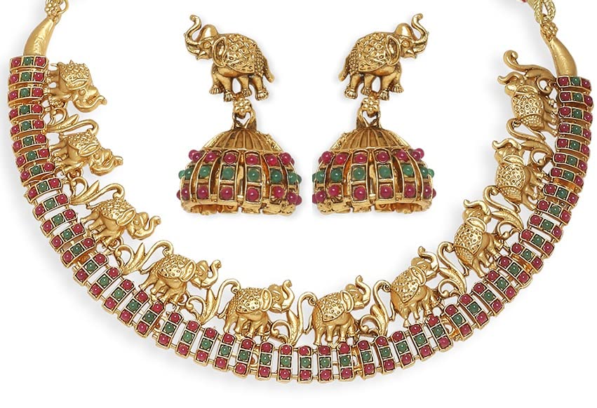 Jewellery Antique Gold Tone Red & Green Stone Ethnic Temple Jewellery Elephant Design Choker Necklace Set with Jhumka Earrings For Women & Girls Stylish Latest (NERU11_CC2)-picture-36