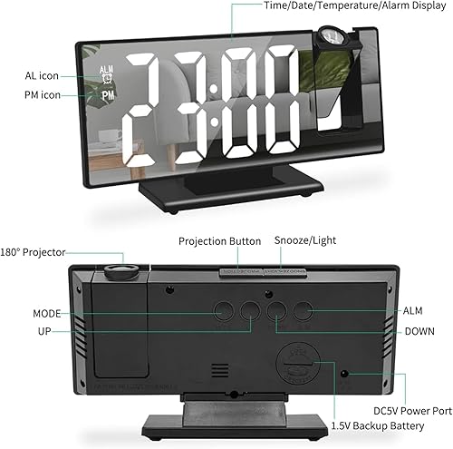 Miniatura 8 de Projection Alarm Clock, Digital Clock Large Display, Multifunction Digital Alarm Clock, Dual Projection Alarm Clock with 8 Inch LED Screen, Modern
