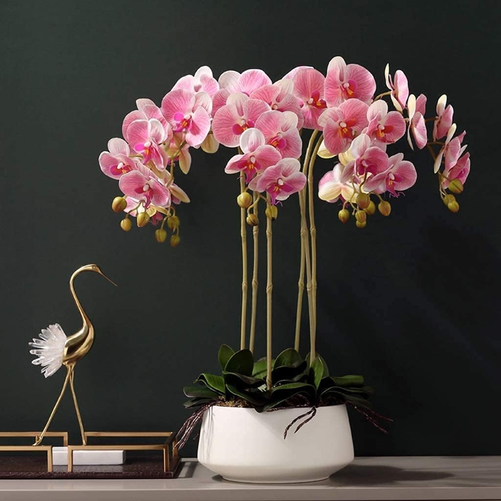 Künstliche Orchidee, künstliche Orchideen, 6 Köpfe, künstliche Phalaenopsis-Blumen mit Porzellanvase, Set, künstliche Blume, künstliche Orchidee aus Kunststoff, sehr natürlich