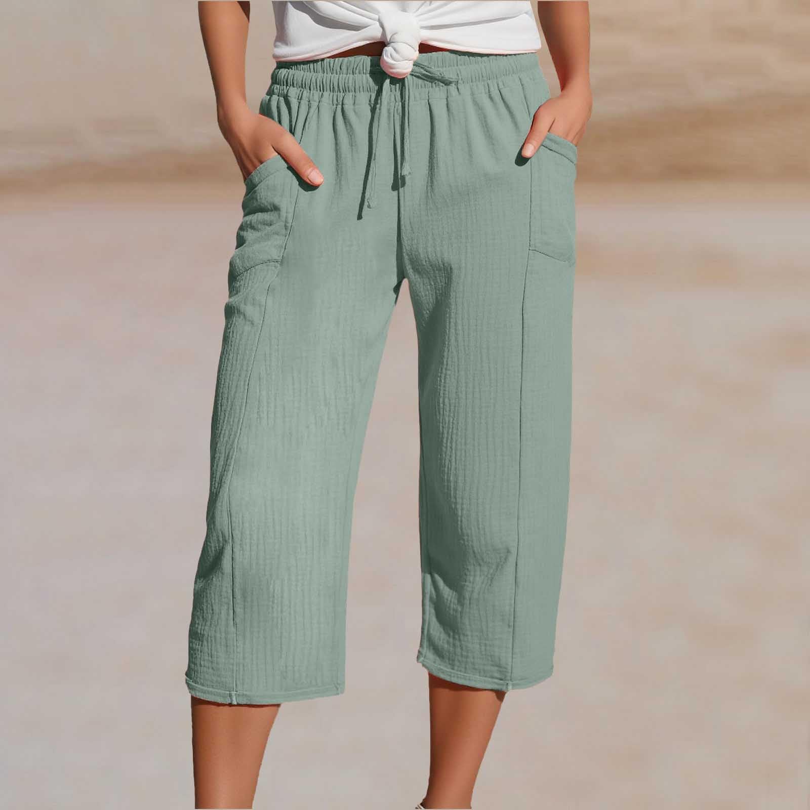 Capris Pants for Women Cotton Linen Casual Summer 2025 Wide Leg Loose Comfy Drawstring Elastic Waist Cropped Trousers A02-Light Green XL